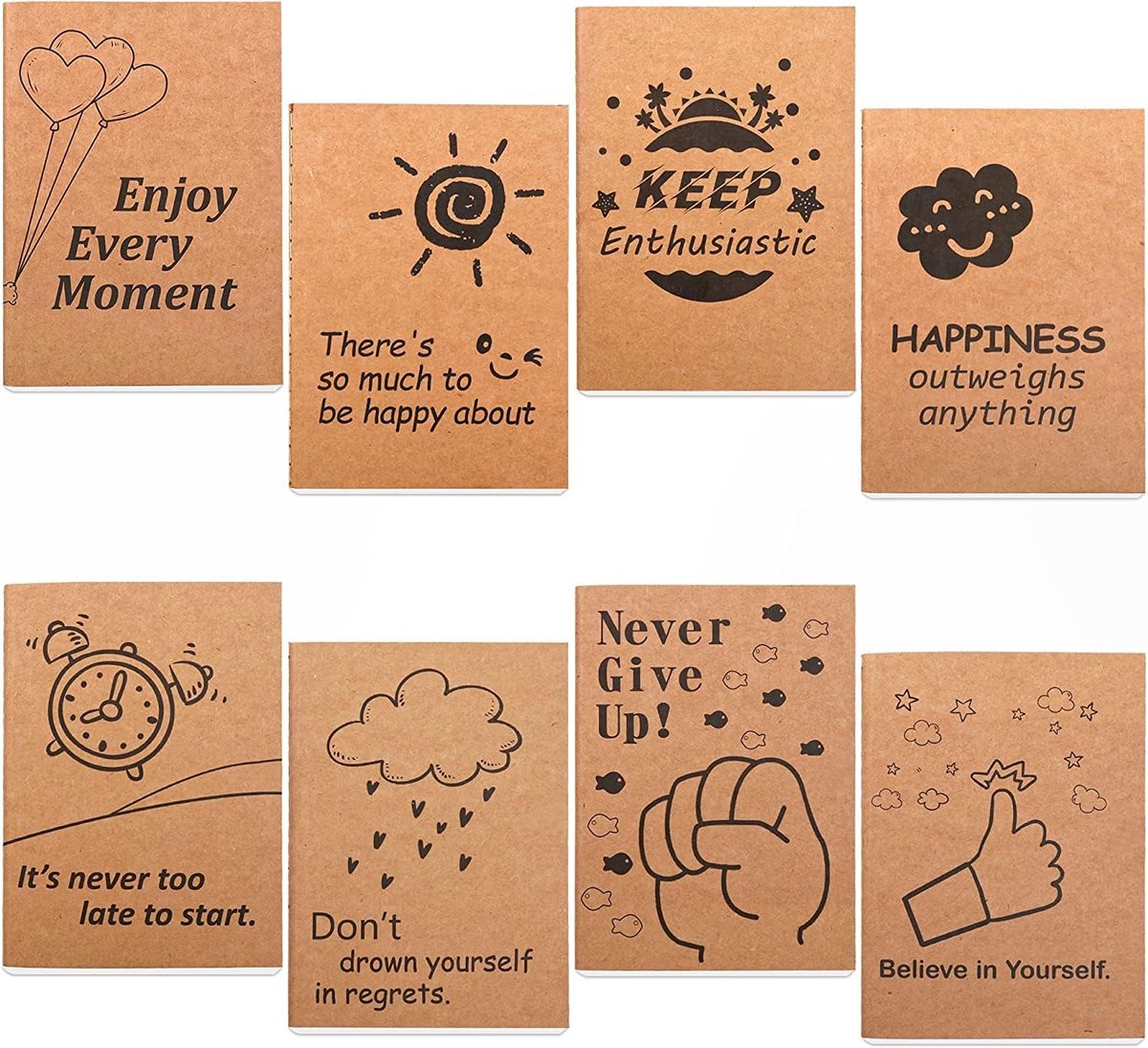 8 Pack Leuke Kraft Notebooks, 8 Ontwerpen Mini Pocket A6 Notebook Journal Notepad Door Feela, 80 Gelinieerde Pagina's Kleine Motivatie Blank Journal Bulk voor Vrouwen Kinderen Studenten Gift