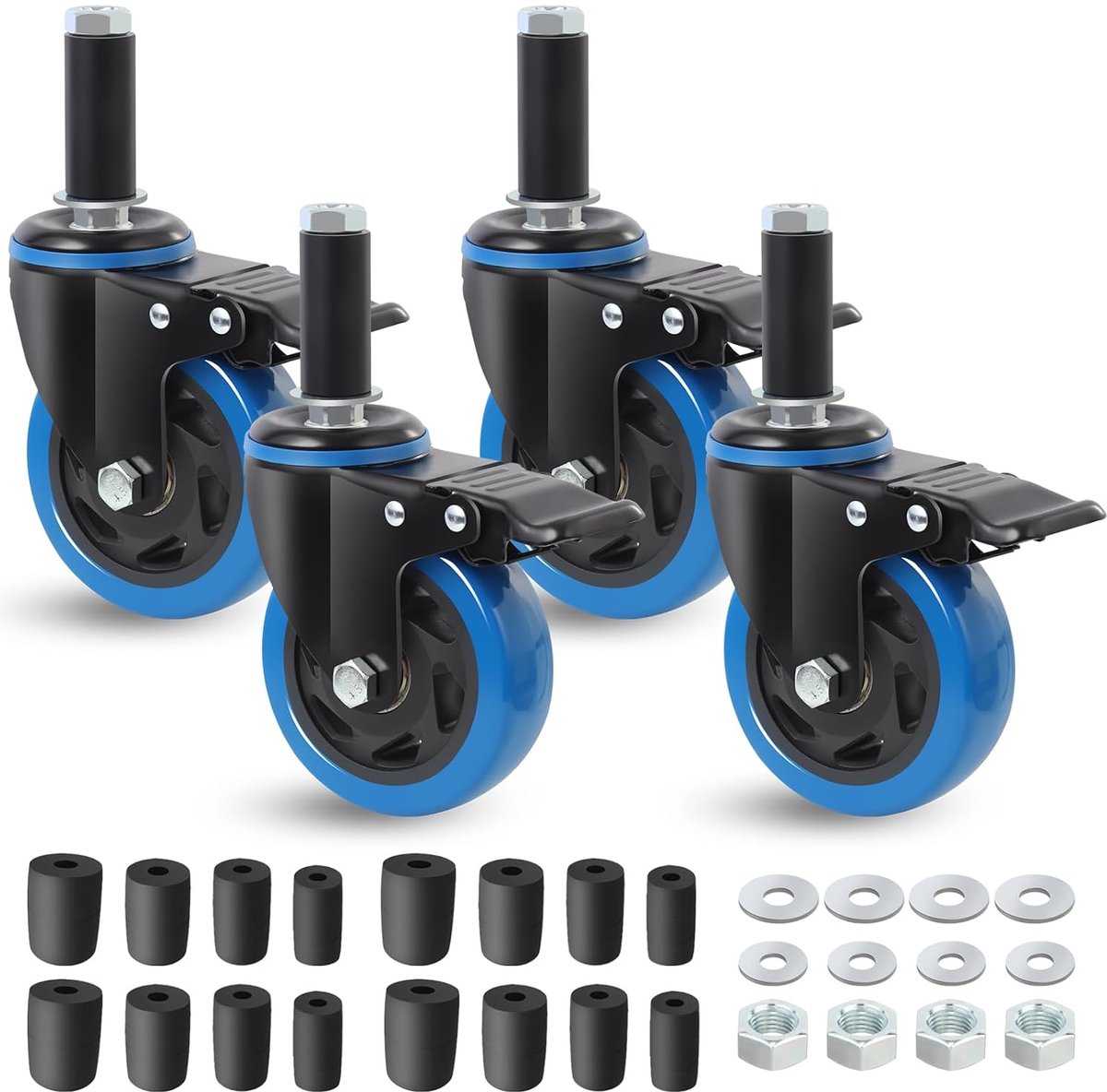Zwenkwielen set, 100 mm zware wielen met vergrendelingsmechanisme, 4 stuks, incl. uitbreidingsadapter 23-40 mm