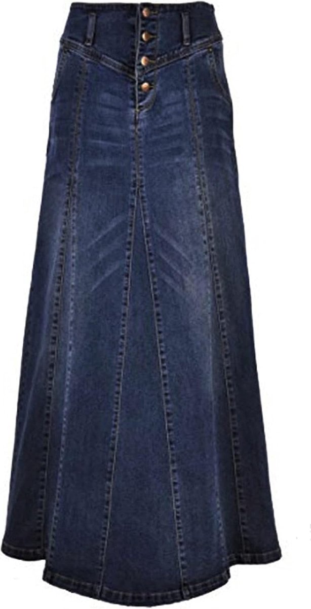 Spijkerrok, voor dames, lange denim rok, met retro knoopsluiting aan de voorkant, omhult de heupen, A-lijn maxi-rok