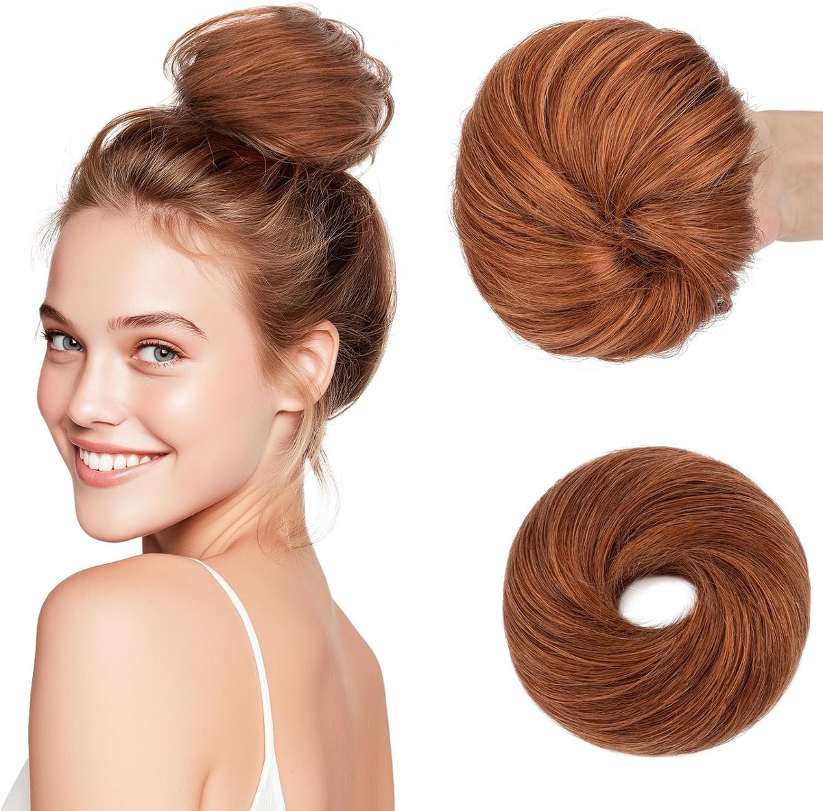 Haarverlenging van natuurlijk haar, 30 g, met elastische band, rommelige knot voor vrouwen, elastisch, glad, rommelige knot, koper
