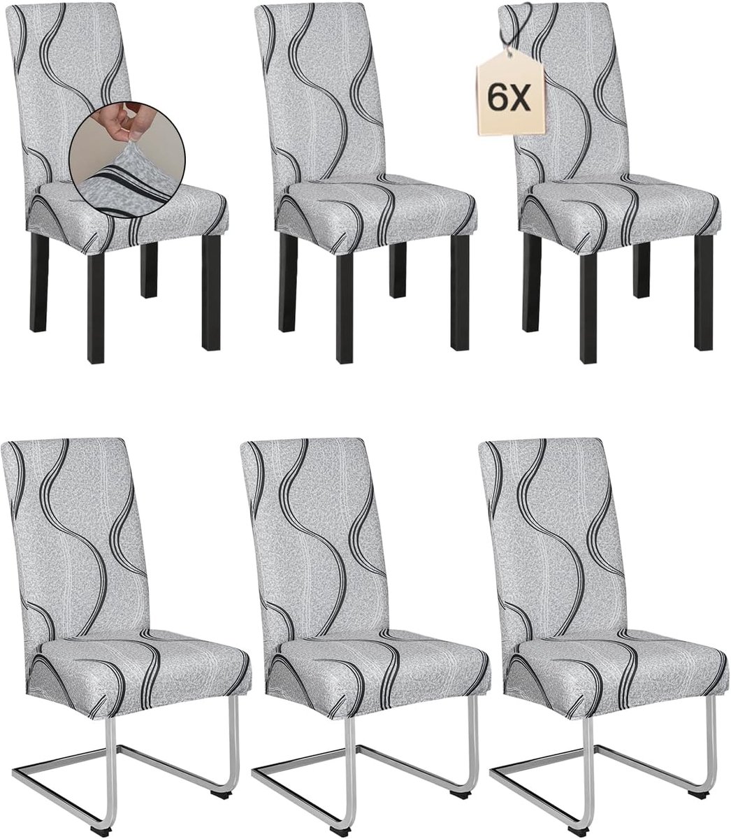Set van 6 stoelhoezen, grijze glans, stretch, wasbaar voor eetkamer, bruiloft, feest, modern, decoratief