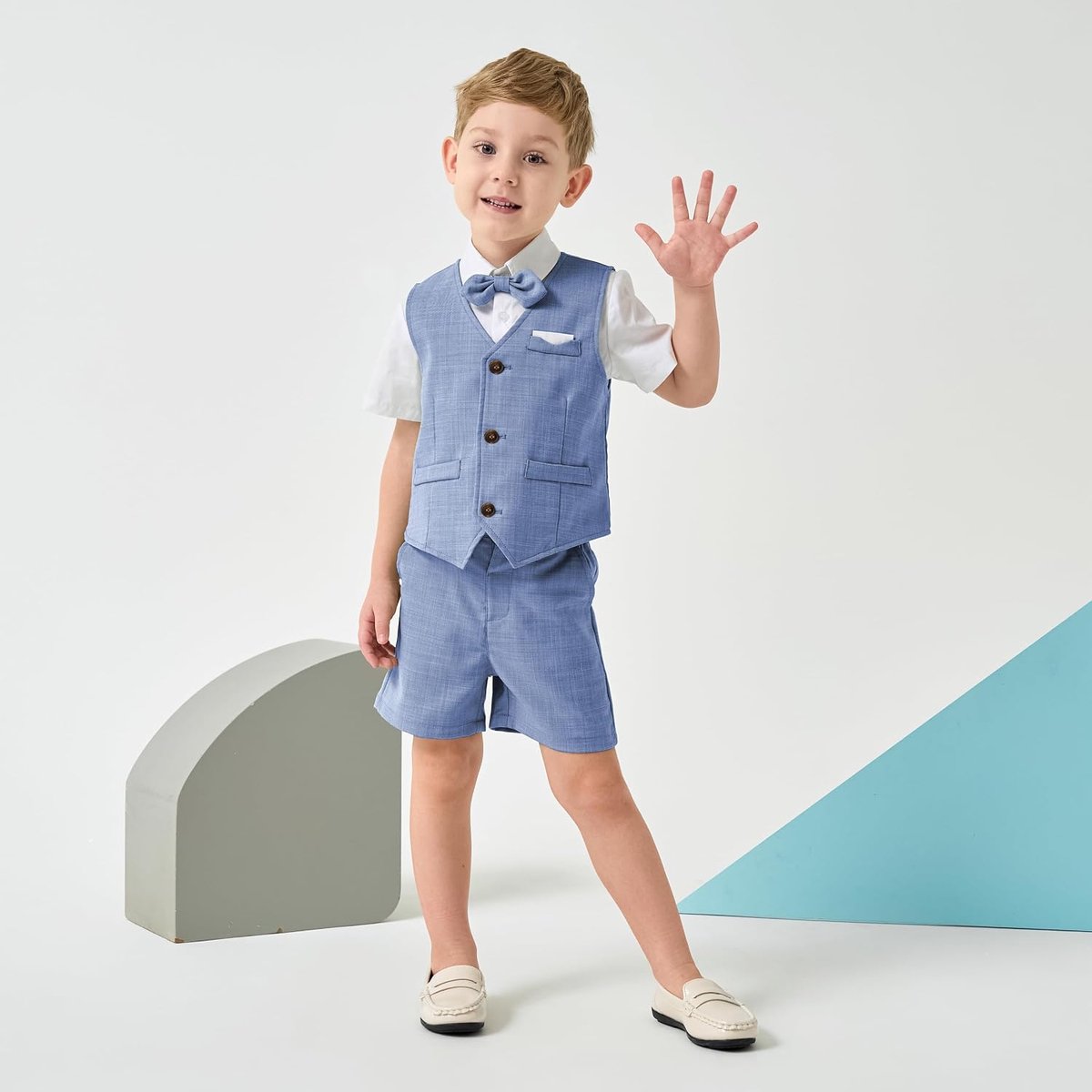 Babypak voor jongens, zomers pak vest hemd met vlinderdas + shorts voor feestelijke bruiloft kleding set 4-delig