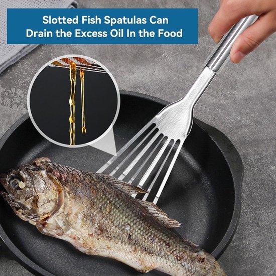 Spatels met sleuven, Fish Turner Spatels van roestvrij staal met sleuven Hittebestendige anti-aanbaklaag met ophanggat om te draaien en om te draaien om het braden en grillen te verbeteren(S) — afbeelding 2