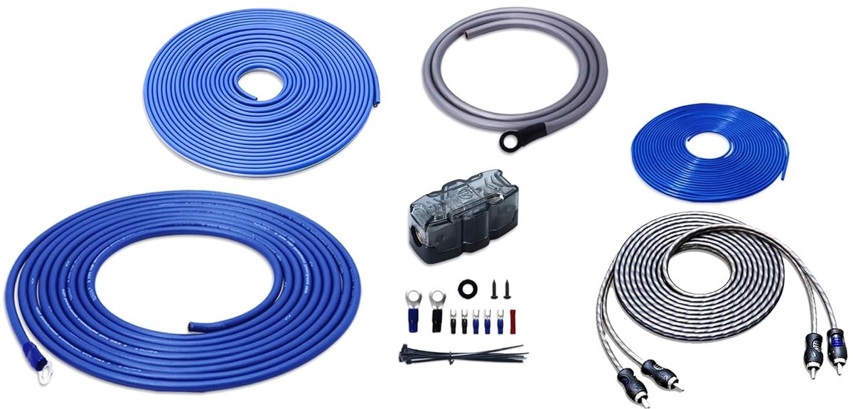 RCK-8 10mm²(8AWG) Versterker Kit, incl. RCA, Zekeringhouder | OFC RCA kabel, accukabel, aardingskabel, luidsprekerkabel, aan/uit draad, mini-ANL houder, 80A zekering, ringklemmen, 1000W