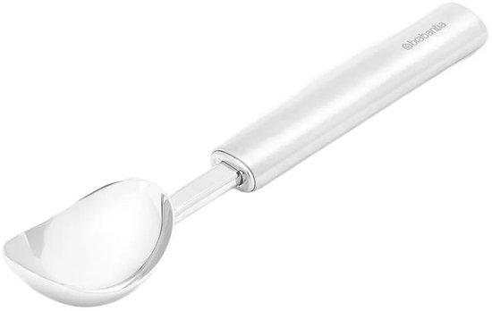 Zilverkleurige Brabantia ijsschep met een lange, ronde steel en een gebogen schep.