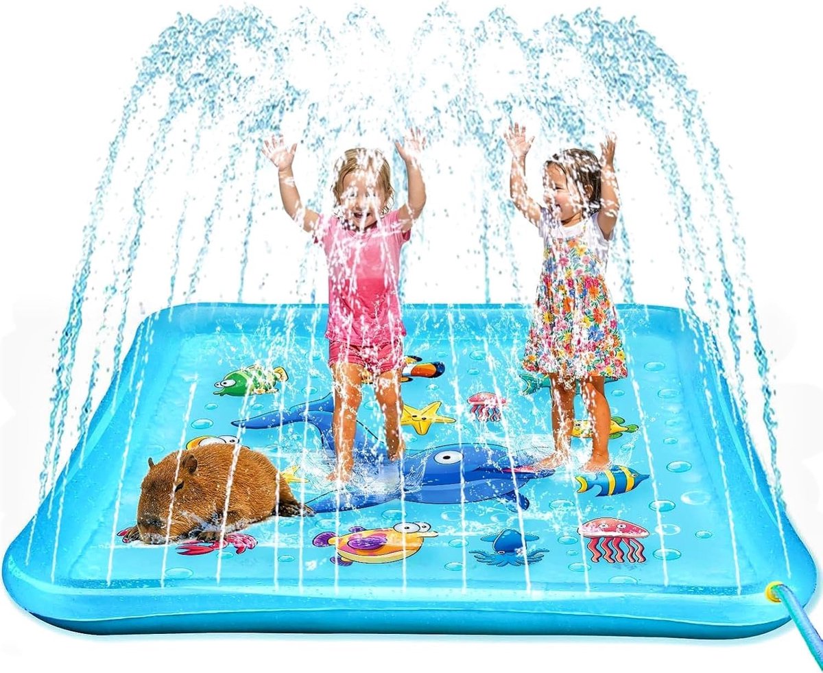 Splash Pad Vierkante waterspeelmat, 170 cm, watersprinkler voor kinderen, sprinklermat voor zomer, tuin en outdoor, met walvis- en diermotieven, waterspeelgoed voor kinderen, huisdieren en