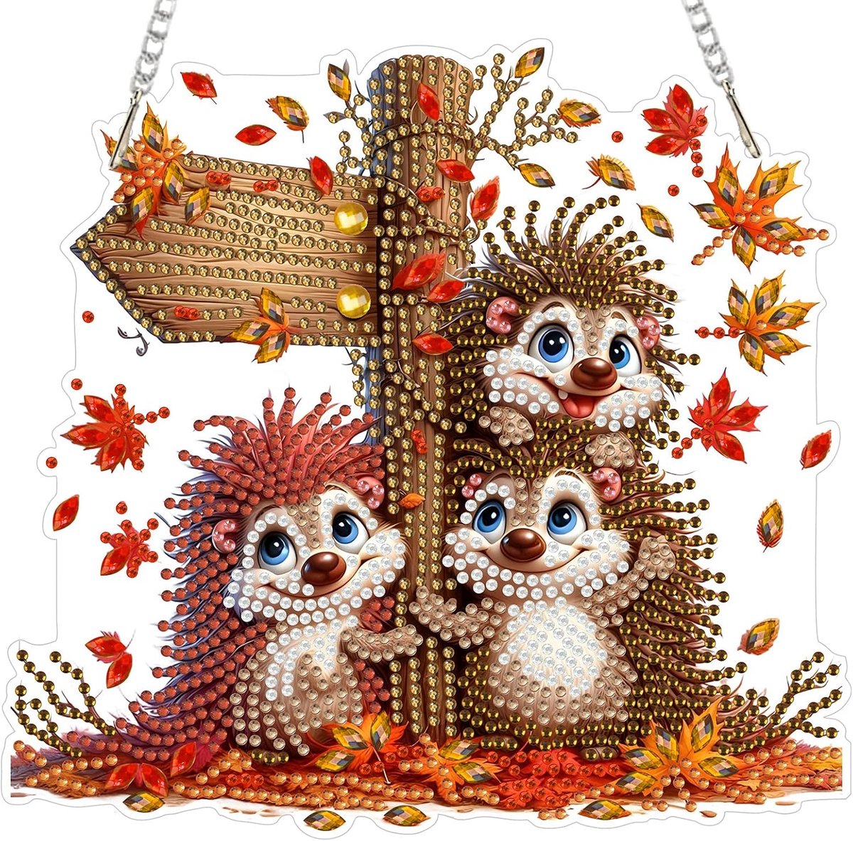 5D Herfst Diamond Painting hanger, egel, diamantschilderij met ketting, voor kinderen en volwassenen, dierendiamantschilderijen, raamafbeeldingen, hangend ornament, knutselset voor muur en