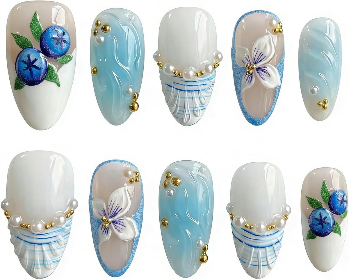 30 stuks 3D Boho Blue press-on nagels: amandel oceaan design met schelp en parels. Reliëf bloemen kunstnagels incl. kleefpads & vijl voor dames.