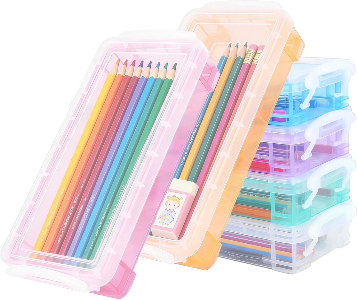 6 stuks pennendoosjes van kunststof, stapelbare doorzichtige pennenorganizer, 6 kleuren, plastic doos met deksel, kleurrijke pennenopslag voor kleine onderdelen, aquarelpotloden