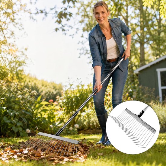 Bladhark voor de tuin, 53-160 cm, verstelbaar, metalen gazonhark met 21 tanden, ergonomische telescoopsteel, 40 cm brede rekenkop, bladhark voor tuin, gazon, bloembedden, struiken, mulch — afbeelding 4