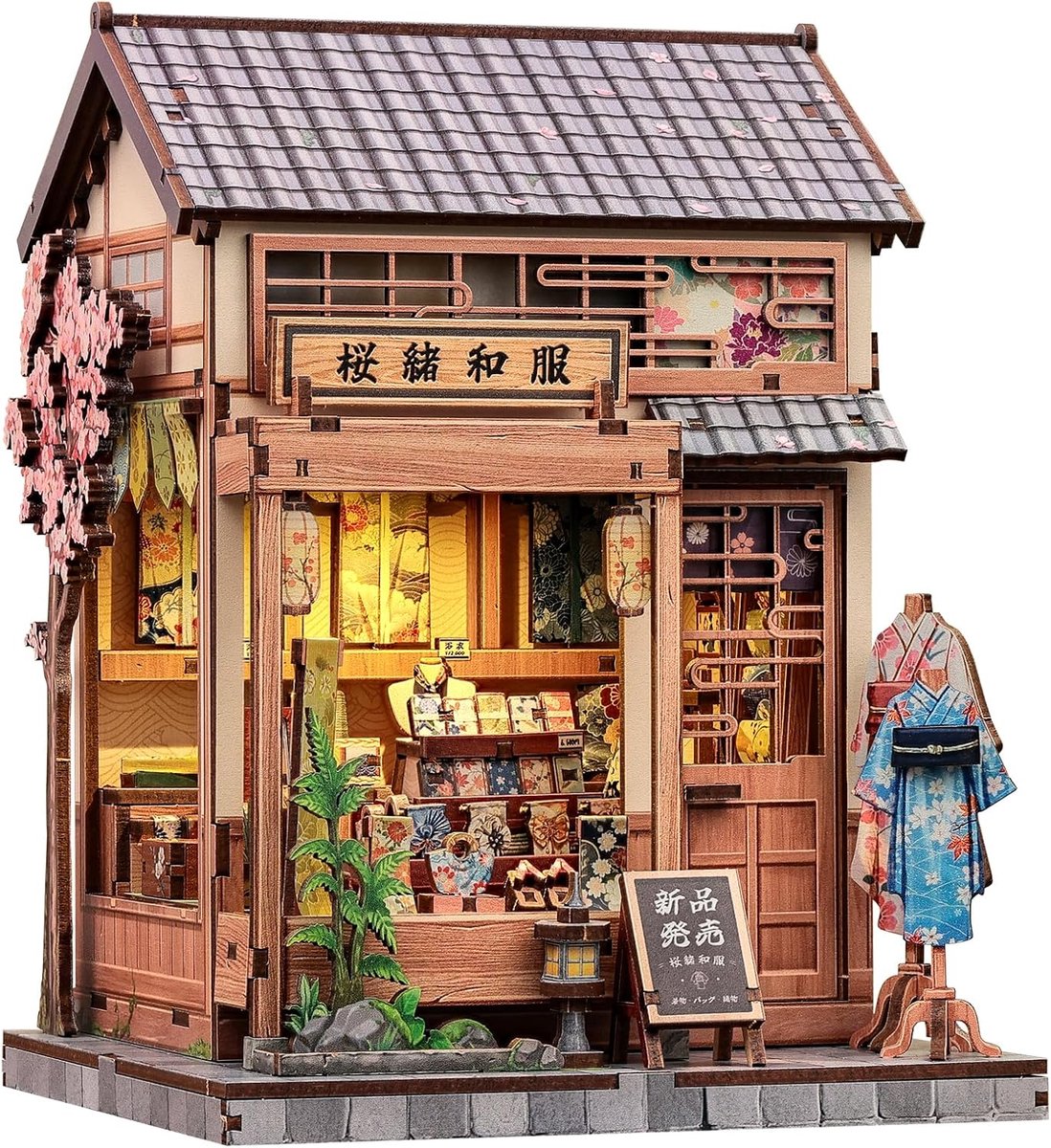 Book Nook Kit–Poppenhuis voor Volwassenen,Verfijnde Japanse Winkel,DIY Miniatuurhuis met LED-verlichting,Boekenplankdecoratie,Ideaal Cadeau voor het Gezin (Sakura O Kimono Shop)