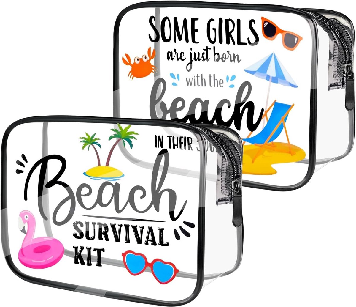2 stuks transparante waterdichte make-uptas, transparant, vloeistofzak, handbagage, met ritssluiting, 2 mooie patronen, voor vakantie, reizen, badkamer, Meerkleurig, Strandvakantie
