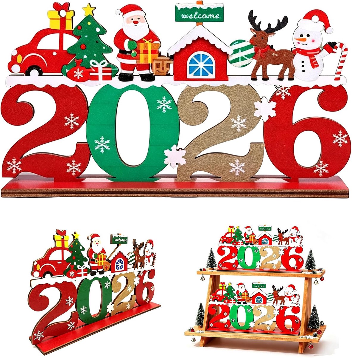 2026 houten kersttafeldecoratie, standaard, kerstdecoratie (stijl 1) | Houten standaard met kerstdorpmotief; 30 x 17 cm; met rendier en kerstman; ideaal voor eettafel en kerstfeesten