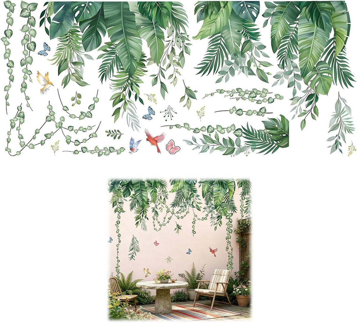 Muursticker planten, muursticker decoratie, muursticker met tropisch palmblad en hangende groene tropische bladeren, muursticker jungle, wanddecoratie voor keuken, woonkamer, hal, slaapkamer, badkamer