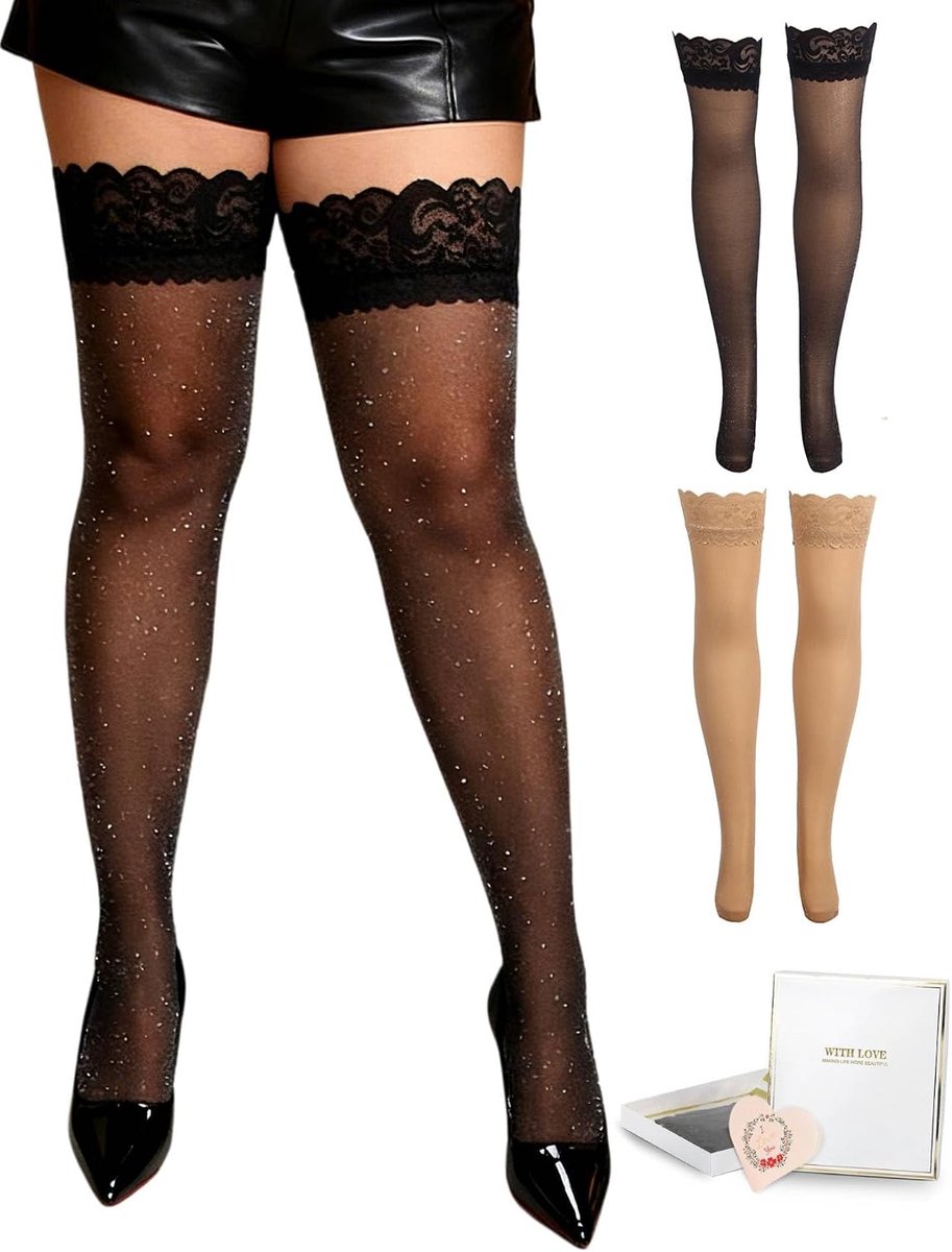 comeondear Damespanty van kant, sexy, maat XS-5XL, zelfklevend, hoge dijkousen, overknee, met siliconen, halftransparant, antislip, zijde, glanzend, voor kousenbanden