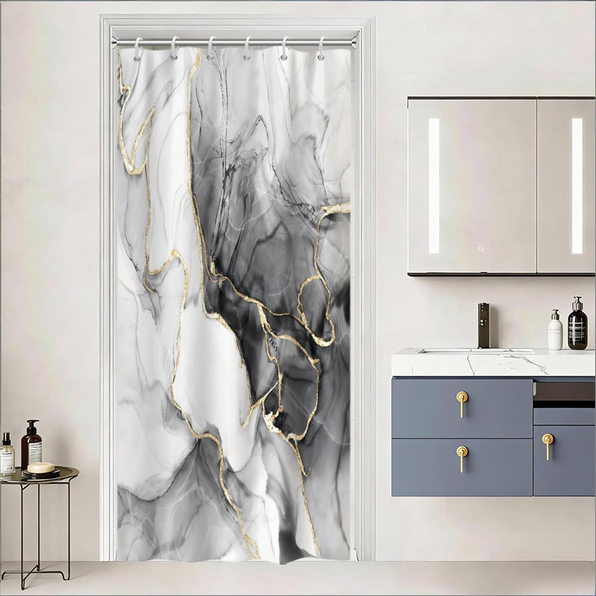 Douchegordijn, smal, 90 x 180 cm, schimmelwerend, grijs marmerlook, zwart gemarmerd, abstract, modern, waterdicht, wasbaar, badkamergordijn met 6 haken, voor badkamer