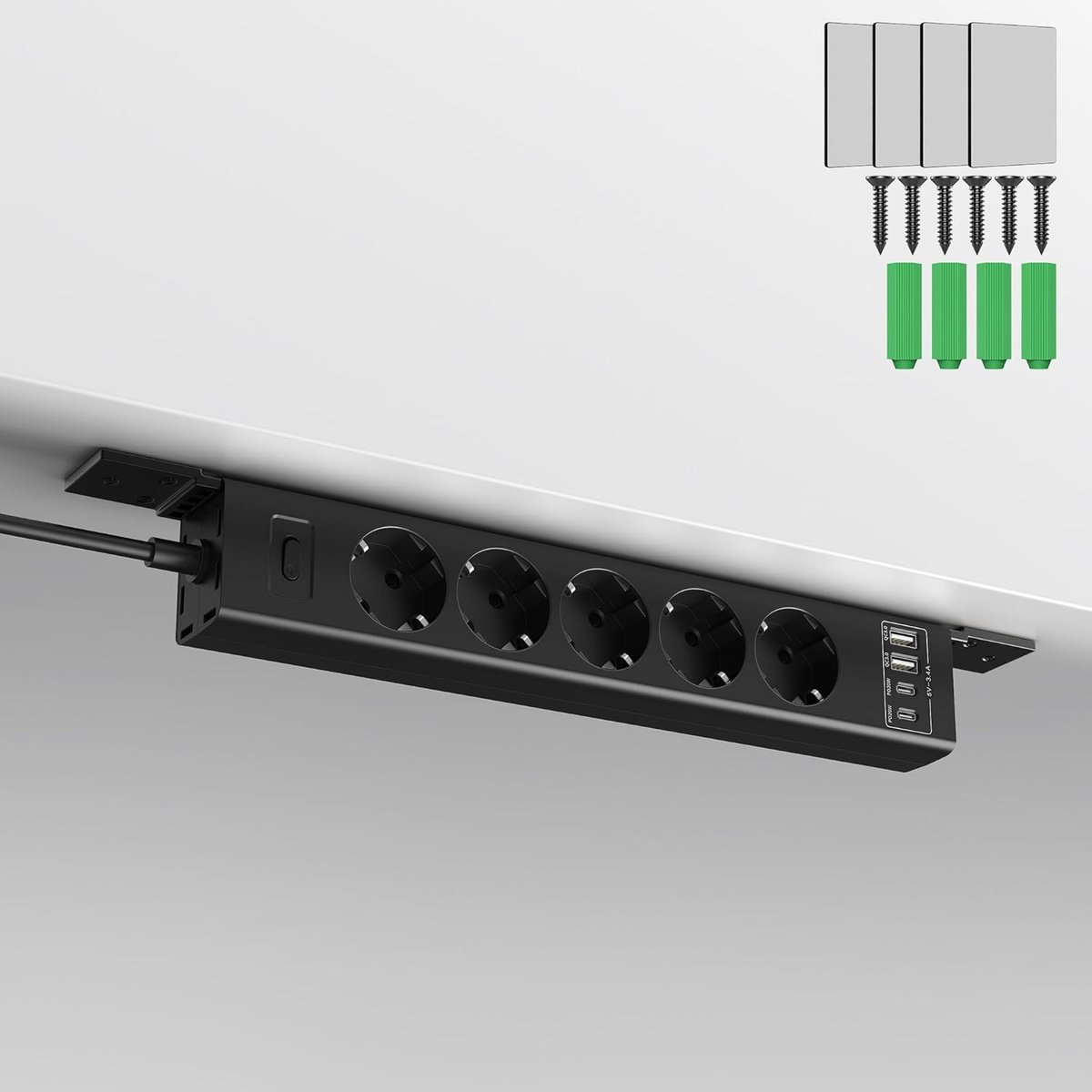 5-voudige stekkerdoos ondertafelmontage met 2 USB-C PD 20 W en 2 USB-A QC3.0 18 W, 4000 W meervoudige stekkerdoos met overbelastingsbeveiliging, 2 m kabel, zwart