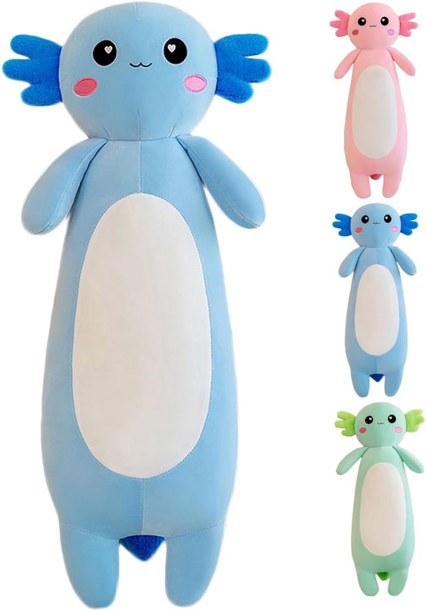 Axolotl Knuffelkussen - Extra Zachte Pluchen Salamander - Lichaamskussen & Speelmaatje voor Kinderen (Blauw, 80cm)