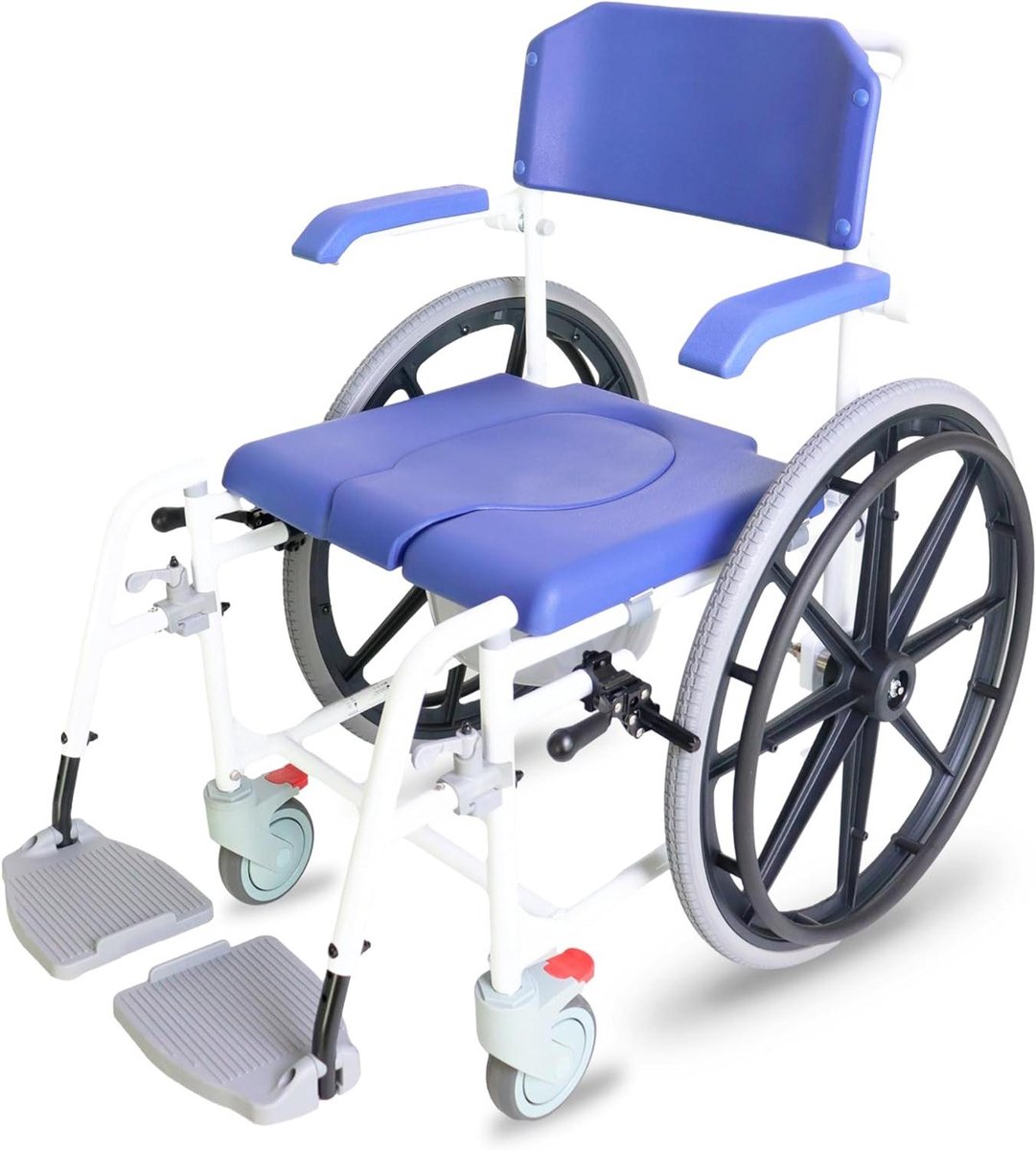Douche Rolstoel - Commode Stoel - Persoonlijke Hygiëne - Zelfrijdend met Grote Wielen - 53 cm Zithoogte - Blauw