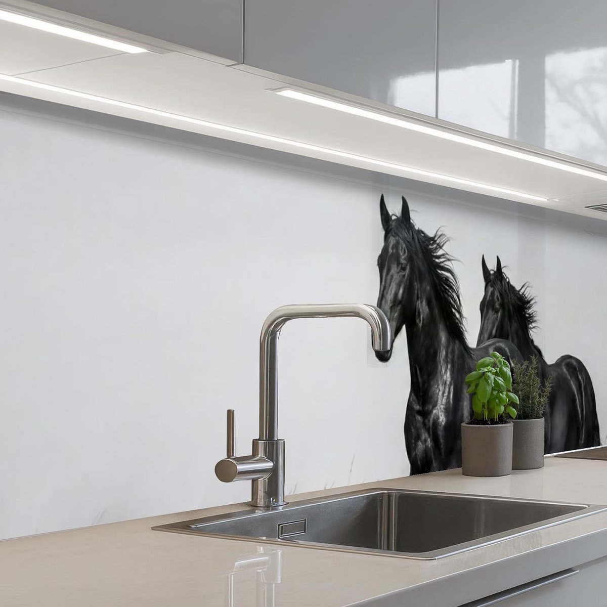 keukenachterwand 80x400 cm zelfklevend keuken decoratie accessories home kitchen spatscherm Paarden - Gras - Zwart - Wit