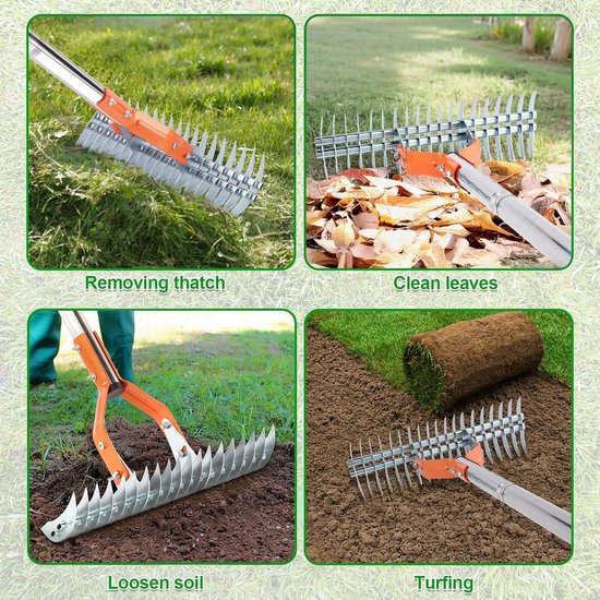 Gazonhark, 15 inch gazonhark, krachtige verticuteerhark met handschoenen, 162 cm veelzijdige grashark voor verdord gras, reiniging, tuin, grondhark — afbeelding 3
