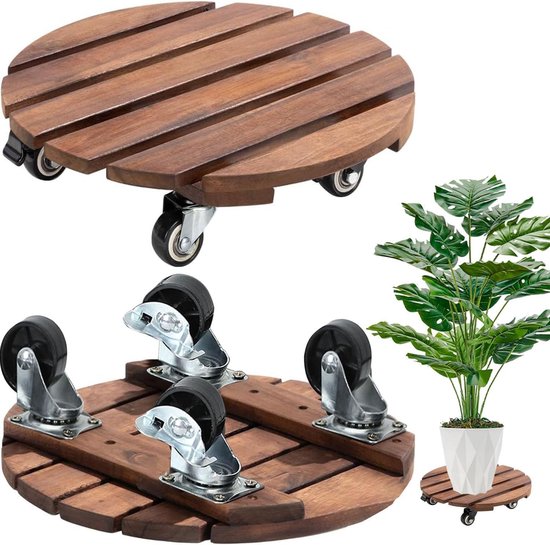 Set van 2 Ronde Plantrollers 30 cm met 360° Vergrendelbare Wielen voor Zware Bloempotten en Planten, Geschikt voor Binnen en Buiten Gebruik