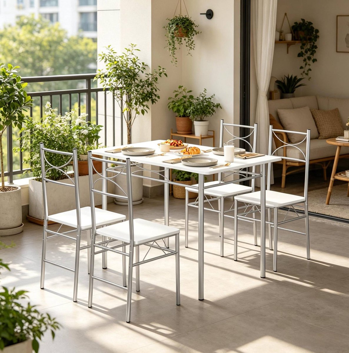MODFU Set Tafel En Stoelen-Modern-Eetkamer-Metaal-MDF-Wit Zilver