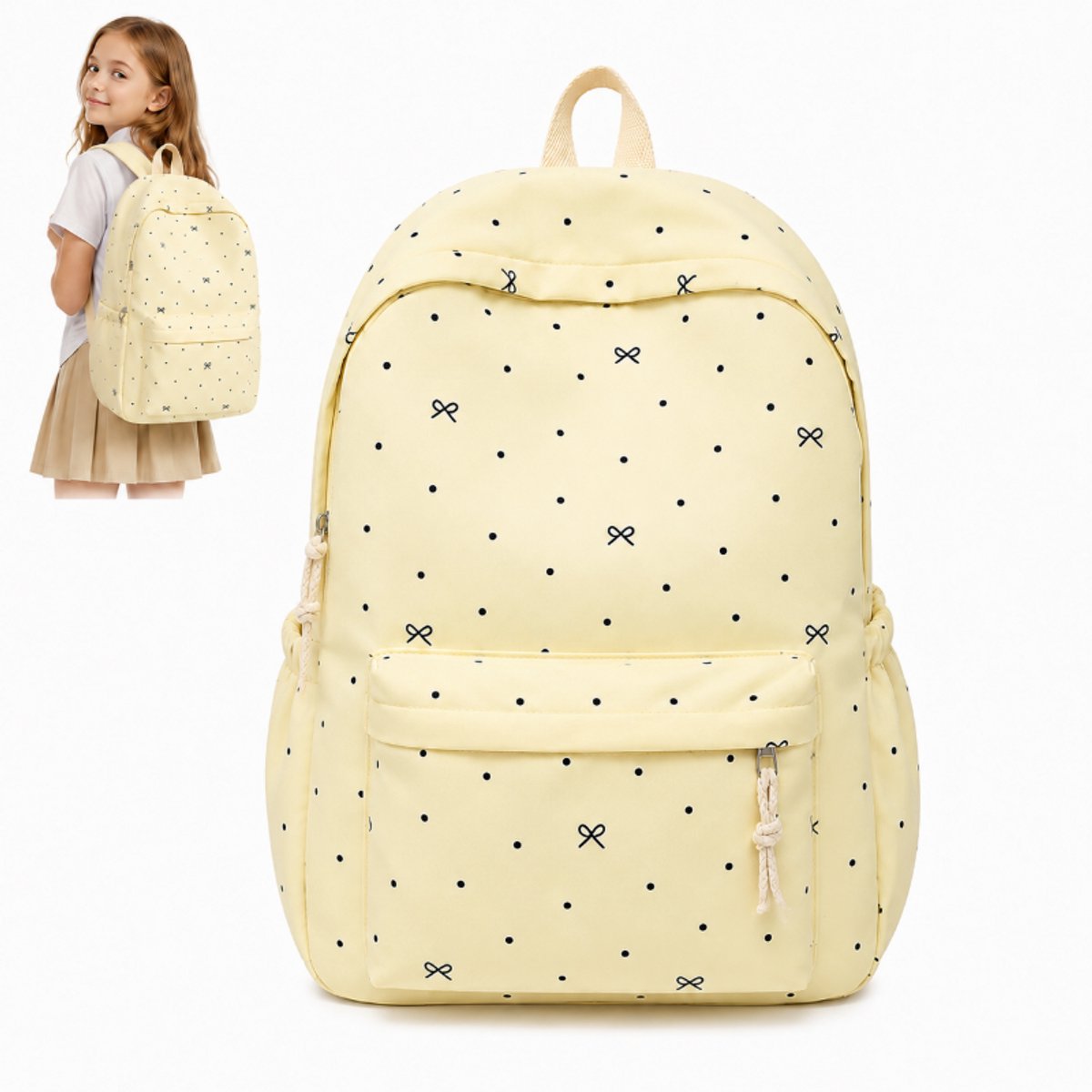 Bobypet - Rugzak - Kawaii Schooltas met Polka Dot en Strik - Waterafstotende Rugzak voor Dames en Tieners - Geschikt voor 14 Inch Laptop - Geel