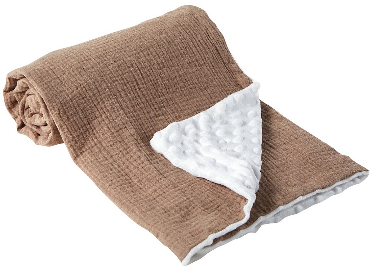 Babydeken van katoengaren, 75 x 100 cm, pasgeboren deken, 100% puur katoen en fleece, multifunctioneel dubbelzijdig babydoopcadeau, geschikt voor kinderwagens, als troostdeken of babywikkeldeken,Donkerbruin