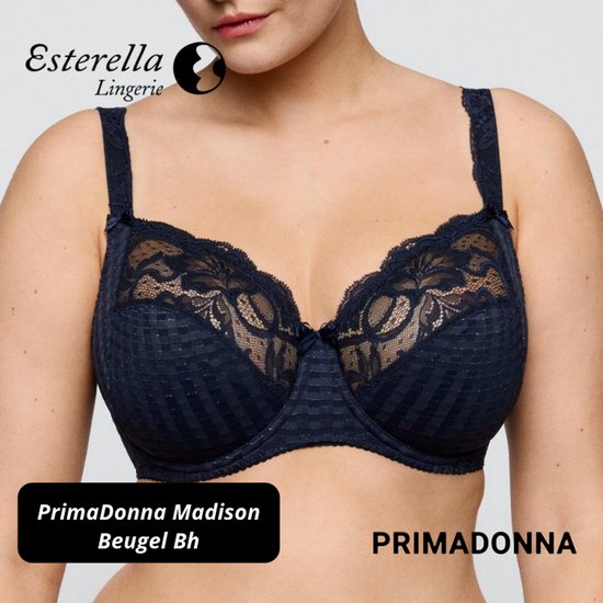 Donkerblauwe beugel BH van PrimaDonna met kant en geruite stof. Decoratieve strikjes bij de cups en schouderbandjes.
