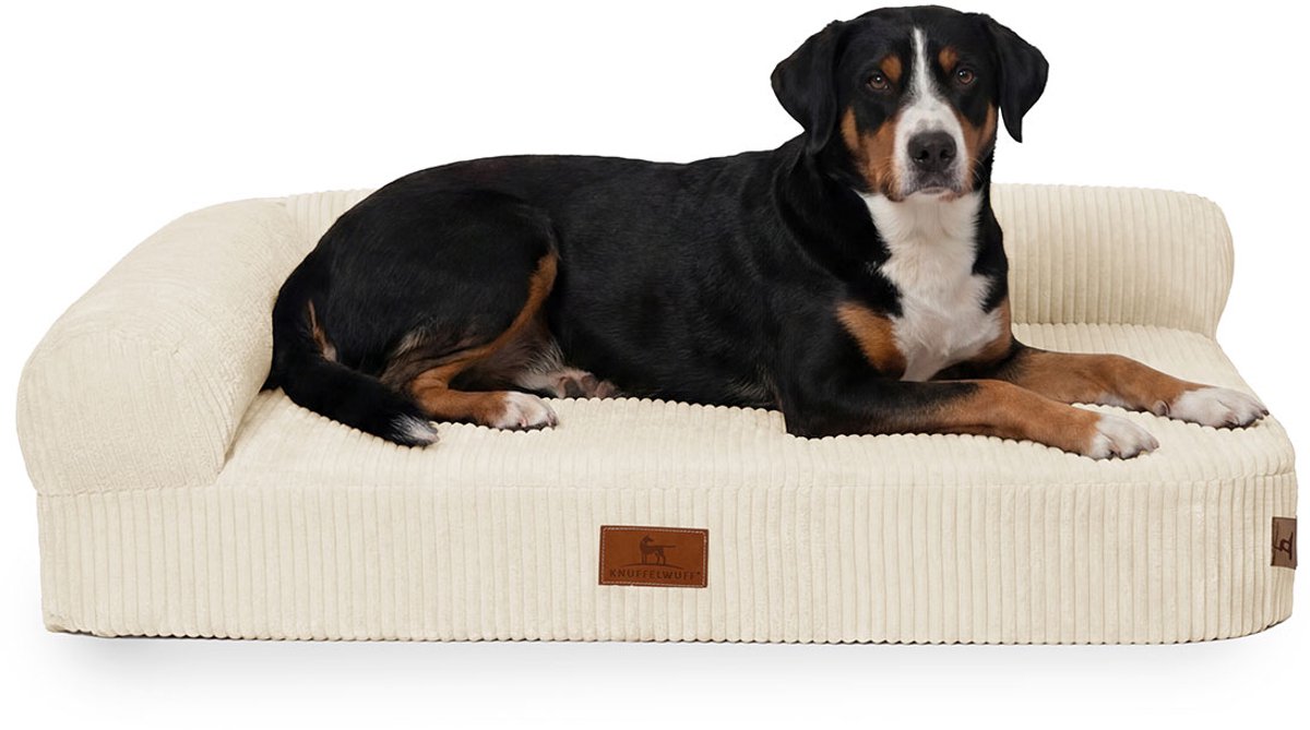 Knuffelwuff orthopedisch hoekhondenbed Cortland van ribfluweel XL 100 x 70cm Leuning links Beige