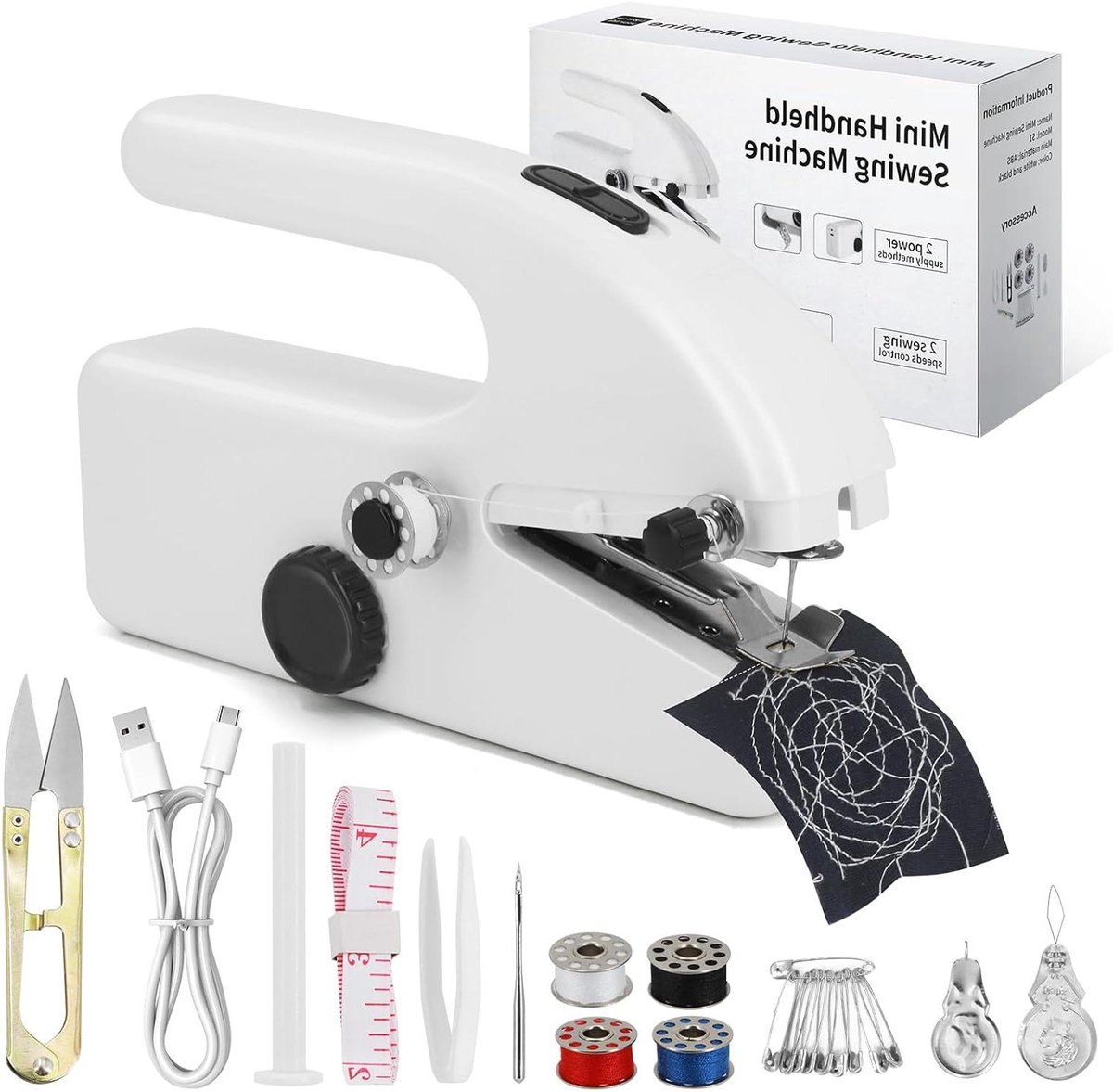 Handnaaimachine - Mini Naaimachine - Snelle Kledingreparatie - Dubbele Voedingsopties - 21 x 6 x 13 cm - Wit
