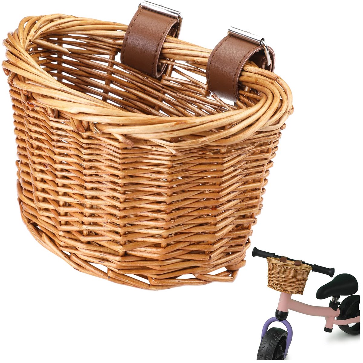 Stuurmand voor kinderen, fietsmand, met verstelbare PU-riemen, weerbestendig, handgeweven rotan opbergmand, kinderfietsaccessoires