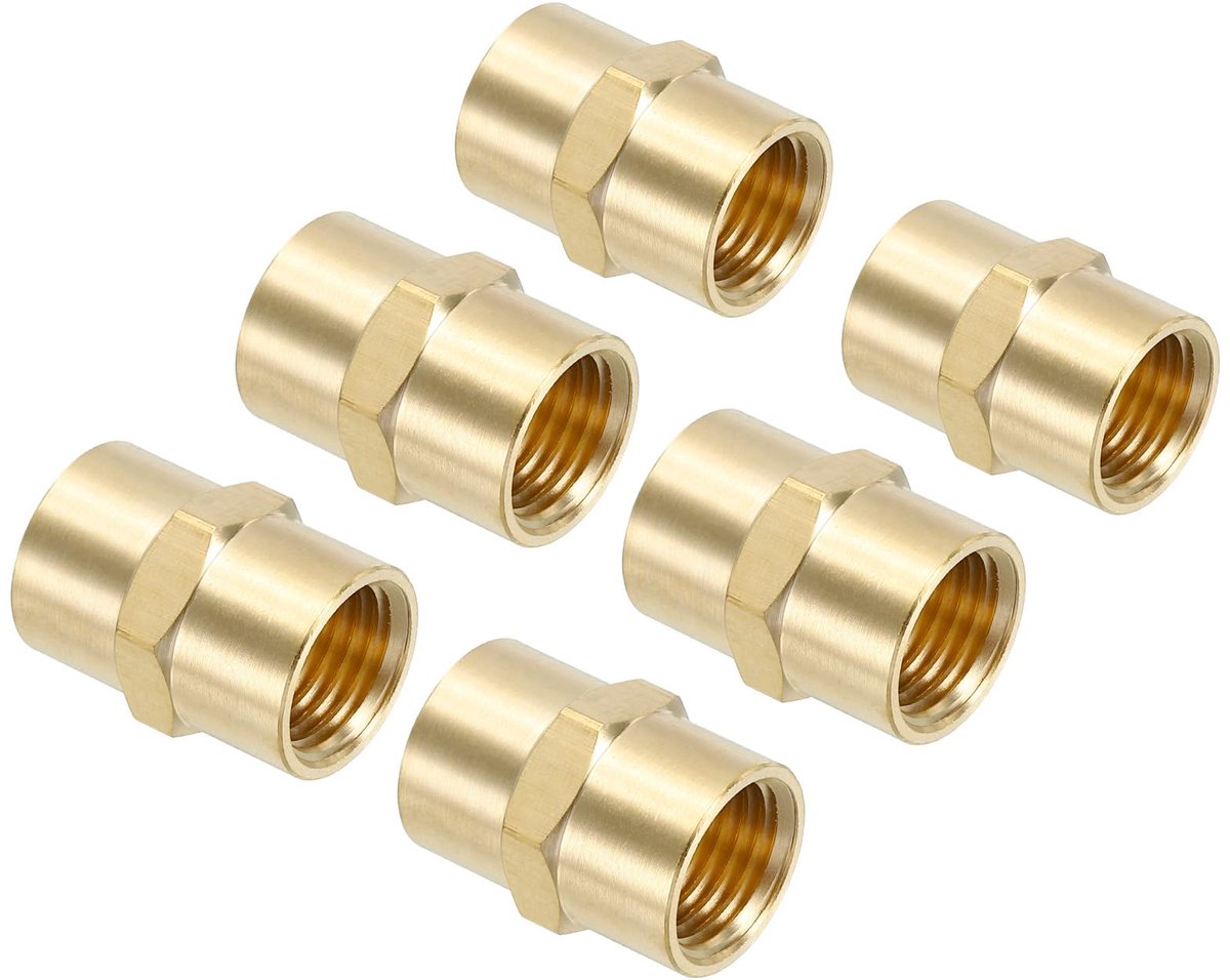 1/4 "x 1/4" Messing NPT-koppeling, 6 stuks vrouwelijke zeskantige pijpfitting koppeling voor thuis sanitair leidingen douchekop bases koppeling, goud