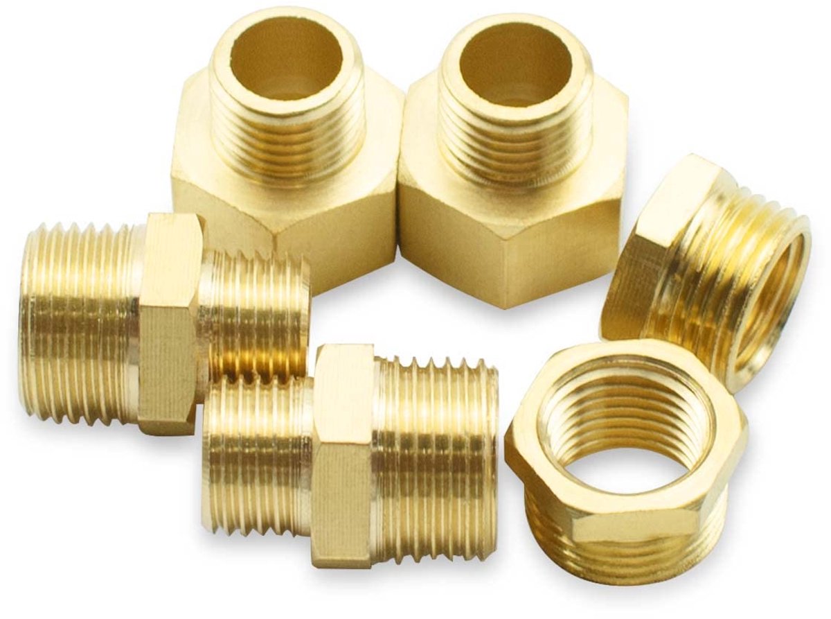 6-delige set van 3/4 "tot 1/2" interne en externe BSP messing schroefdraad, zeshoekschroefdraad, zeshoekreductor en zeshoekcontactverbinding voor aansluiting van adaptershuls