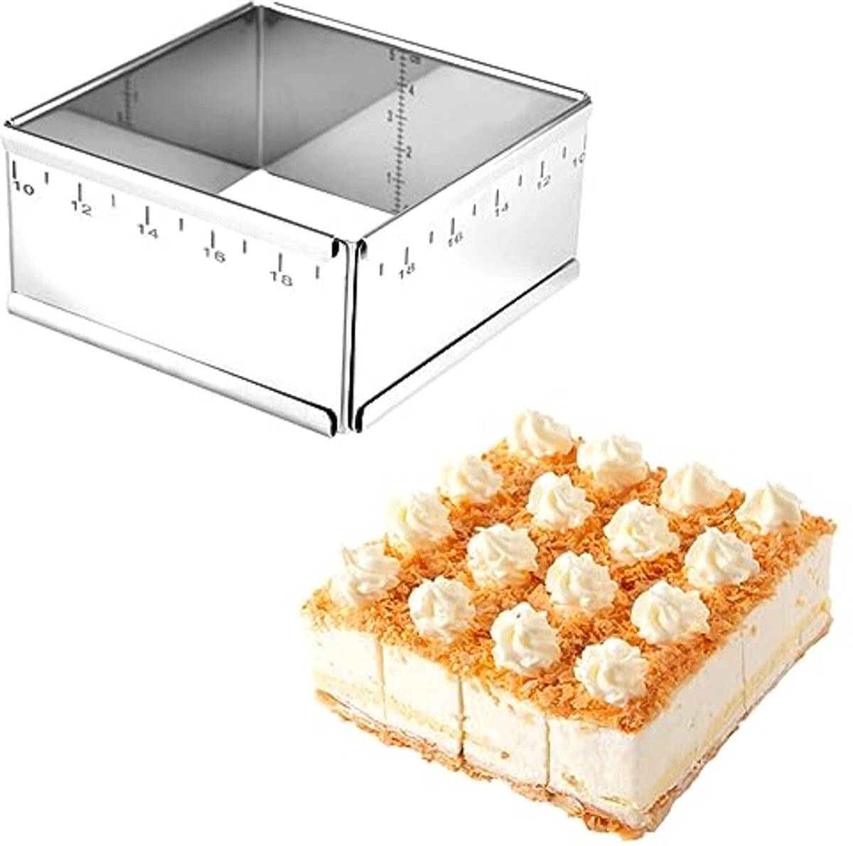 vierkant, verstelbaar, roestvrij staal, rechthoekig, bakvorm, taartvorm voor mousses, dessertcrème, cake, 10-18 cm