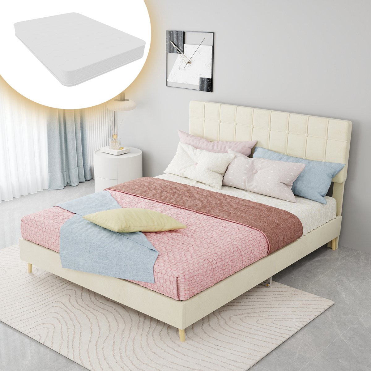 Gestoffeerd bed 140 x 200 cm - Met hoofdbord - Stof/Metaal - Beige