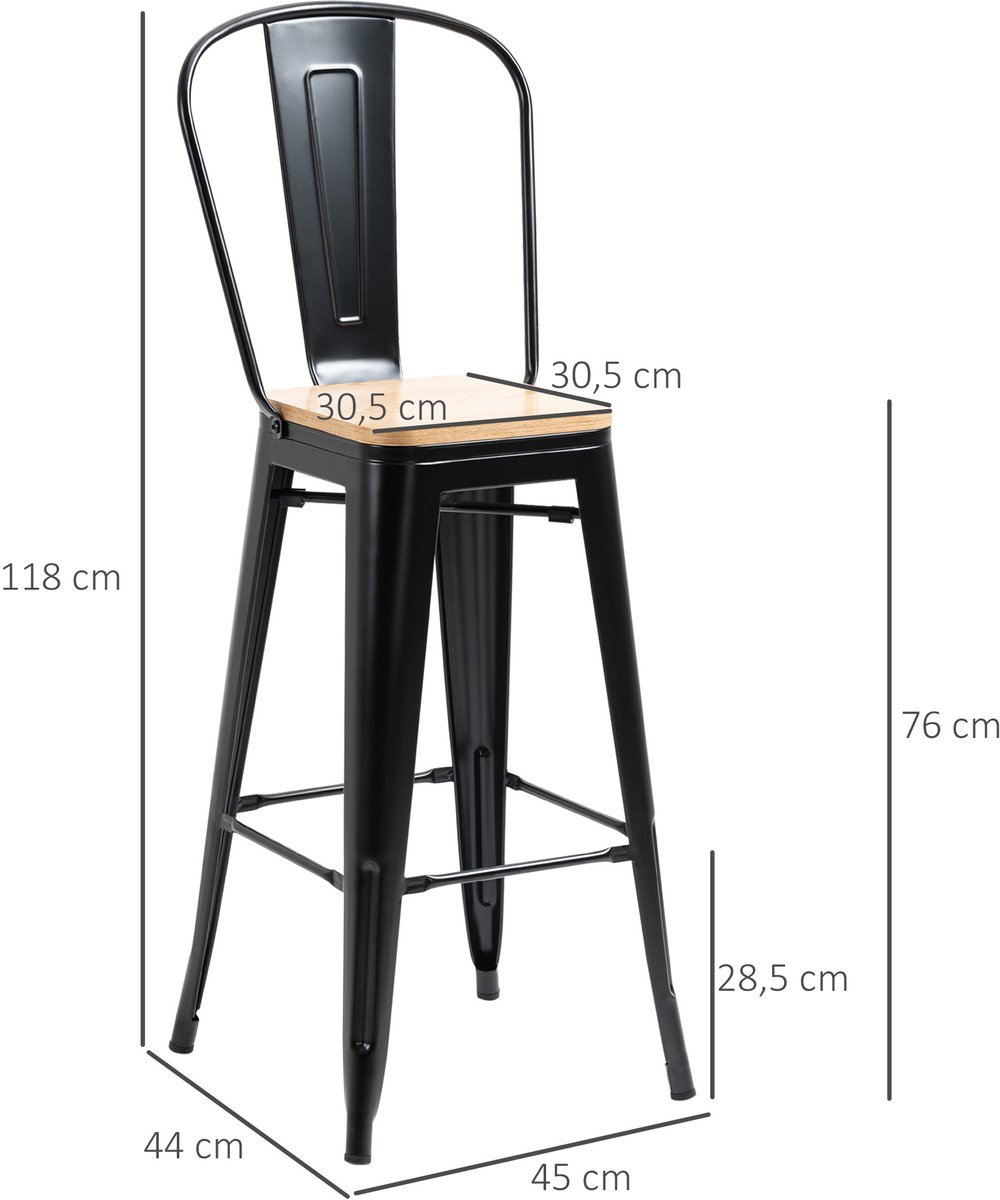 Set van 4 industriële barkrukken met rugleuning, voetensteun, zithoogte 76 cm, metaal, zwart, meerlaagse panelen, imitatie licht hout