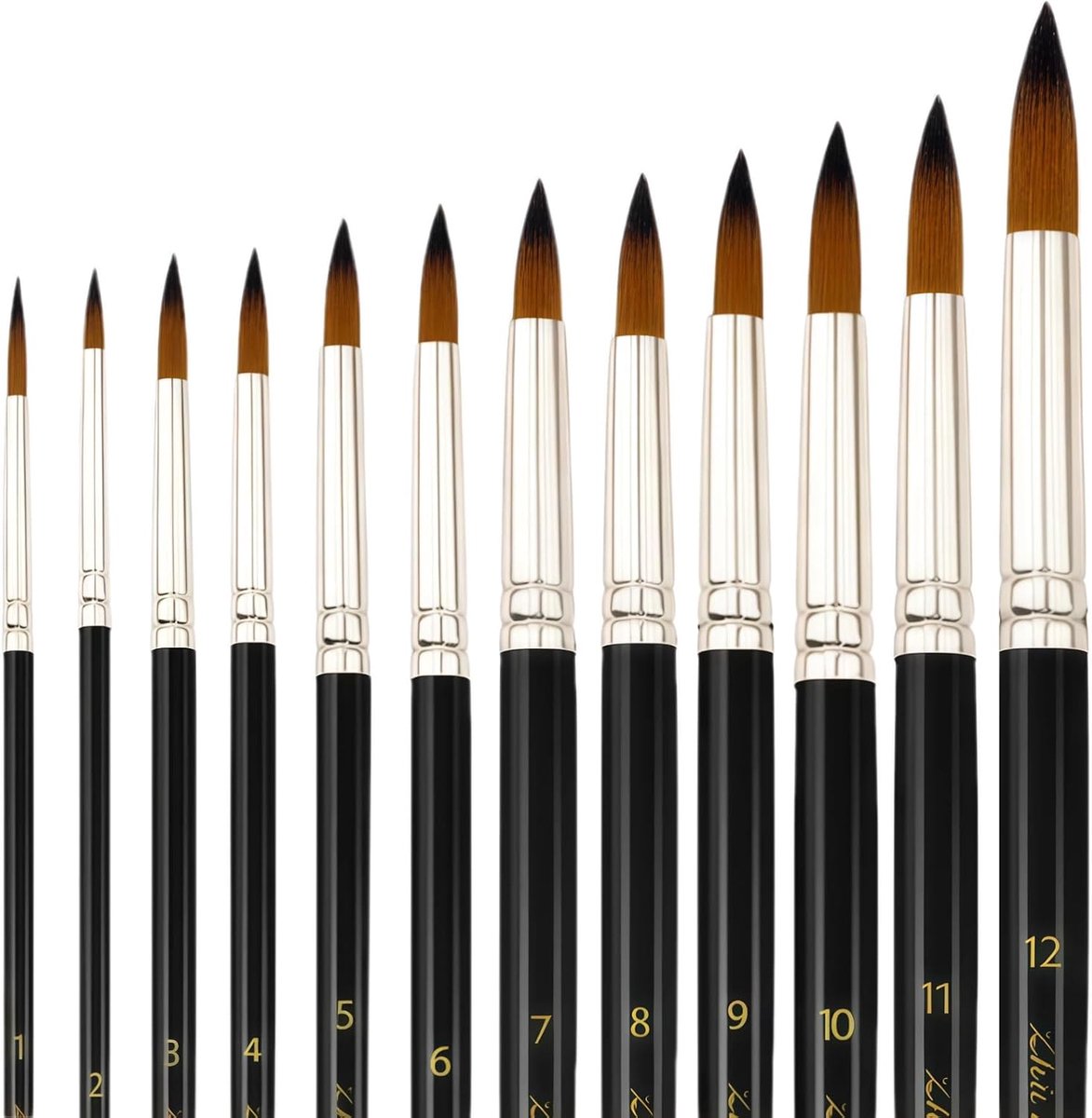 12-delige nylon verfkwast, complete set voor aquarel gouache en olie, stevige houten handgrepen en aluminium klemmen, ronde punten voor details en artistieke creaties, Co