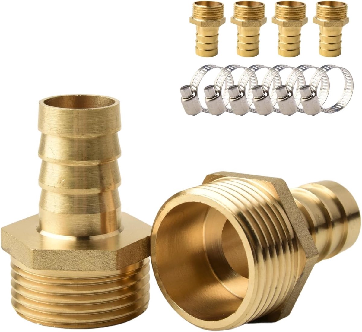 6 Delen Messing Barbaansluiting 19mm met Buitendraad G 1" | Voor industri毛le leidingen en water | Inclusief 6 RVS Slangklemmen