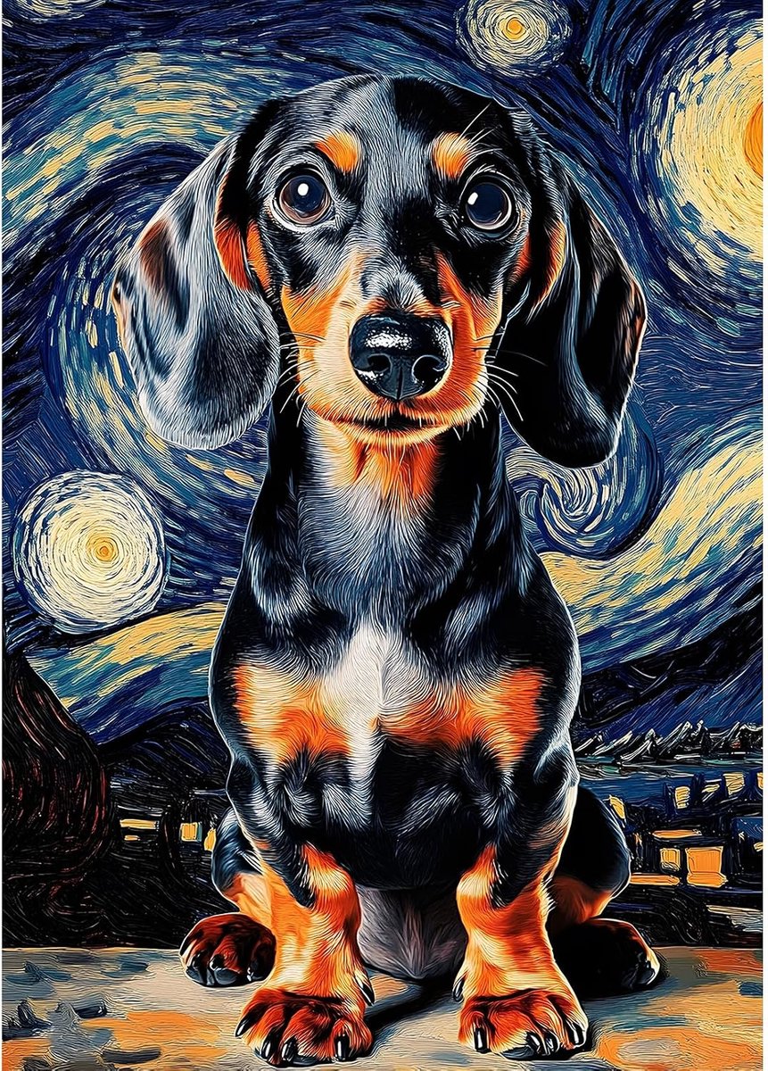Diamond Painting Art Kit for Adults Starry Night and Dachshund, DIY Round Full Drill Diamond Art Painting, Crystal Rhinestone Craft for Beginners, Home Wall Decor Gift 30 x 40 cm