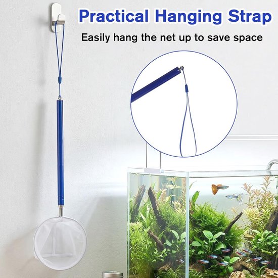 10 cm, rond schepnet, aquariumnet, klein visnet, garnalennet met 31,5 cm tot 109 cm lange uittrekbare roestvrijstalen handgreep voor aquaria, kleine vijvers, garnalen (blauw rond) — afbeelding 4