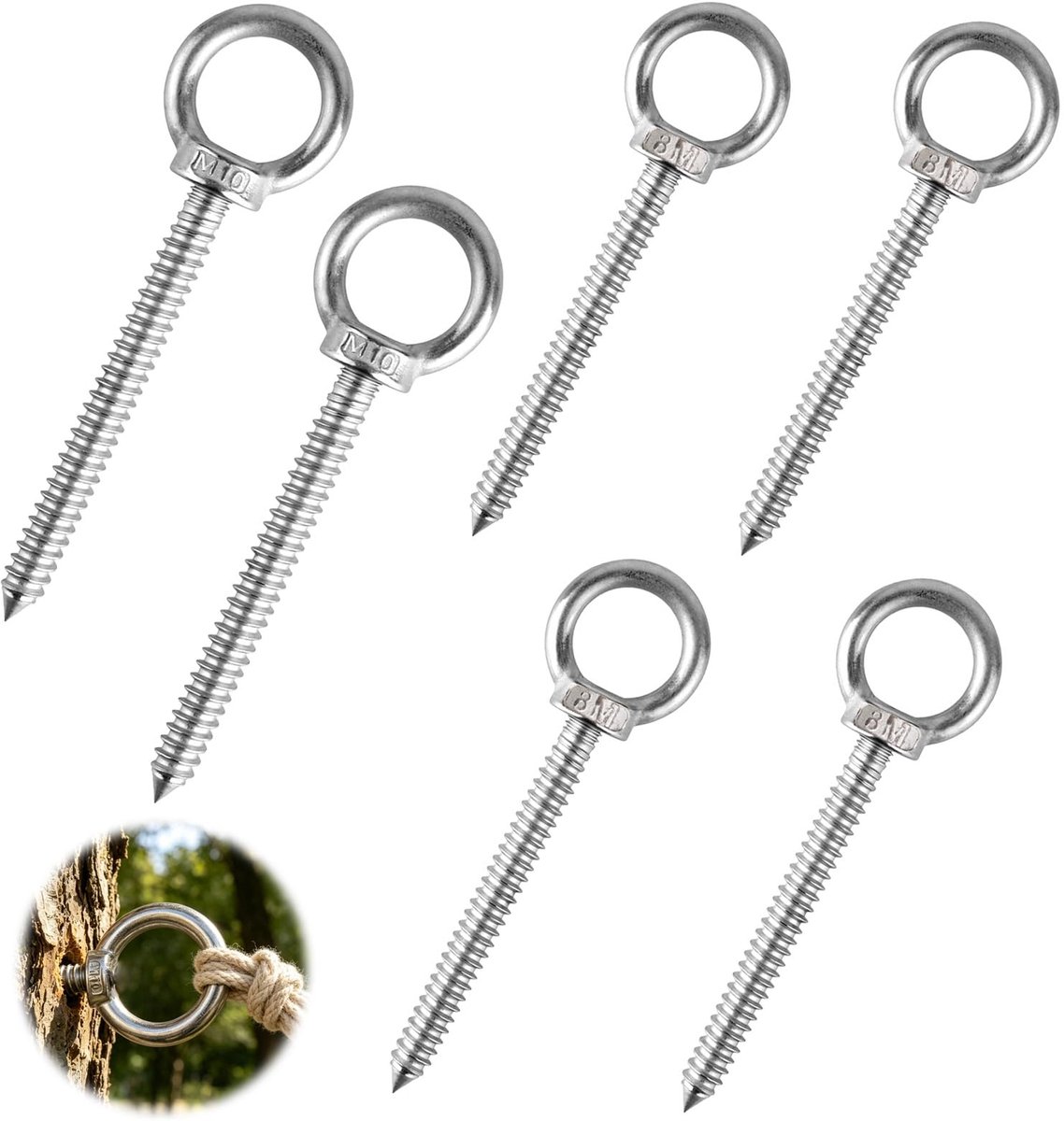 Oogschroef van roestvrij staal, gemengde set met 2 stuks M10 x 80 mm en 4 stuks M8 x 80 mm, ringschroef om op te hangen, bevestiging en ophanging, zilver, voor huis, tuin en doe-het-zelf