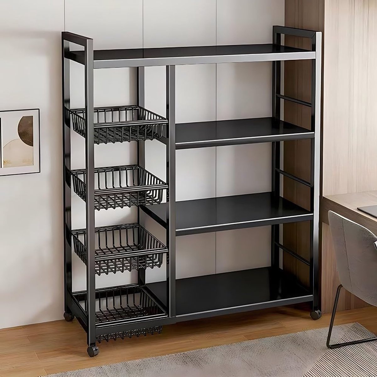 gaasmand, keukenopbergwagen op wielen, veelzijdig metalen rek voor keuken, badkamer, woonkamer, kantoor, ruimtebesparende planken