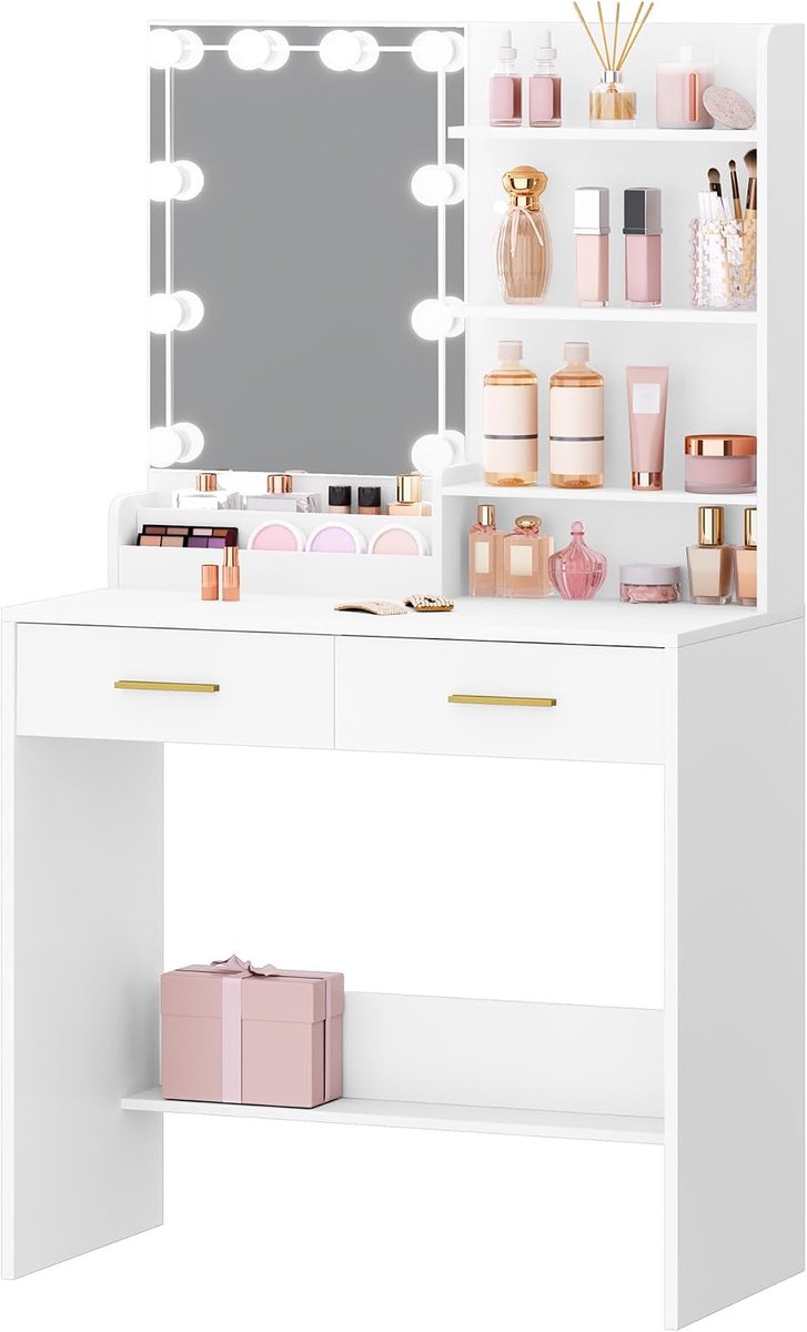 Hzuaneri Kaptafel met Spiegel en 10 LED Verlichting, Make-Uptafel met 4 Open Opbergplanken en 2 Compartimenten, Kaptafel met 2 Lades, voor Slaapkamer, Woonkamer, Wit