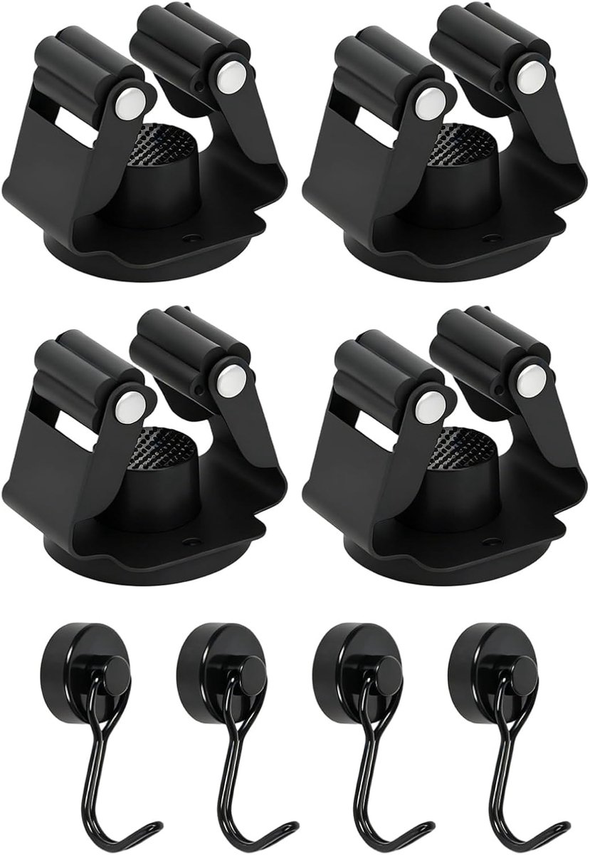 Magnetische bezemhouder en haakset, 4 stuks magnetische bezemhouders + 4 stuks magneethaken, zwart, zonder boren, voor garage, keuken, wasruimte