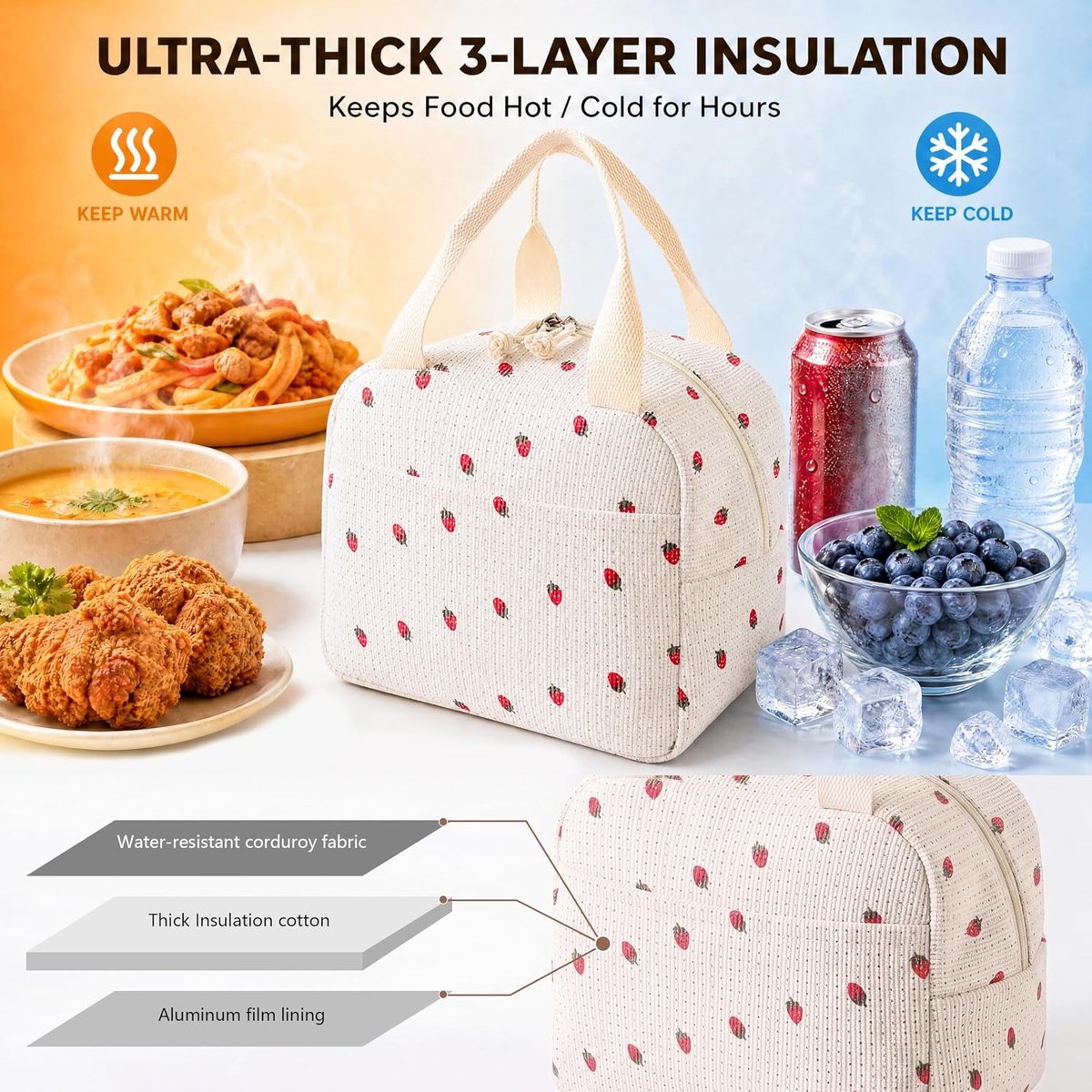 Hergebruikbare lekvrije lunchtrommel - schattige corduroy thermolunchtas, grote capaciteit herbruikbare geïsoleerde koeltas, geschikt voor werk, reizen, strand of picknick — cadeau in Cadeau-ideeën - foto 5