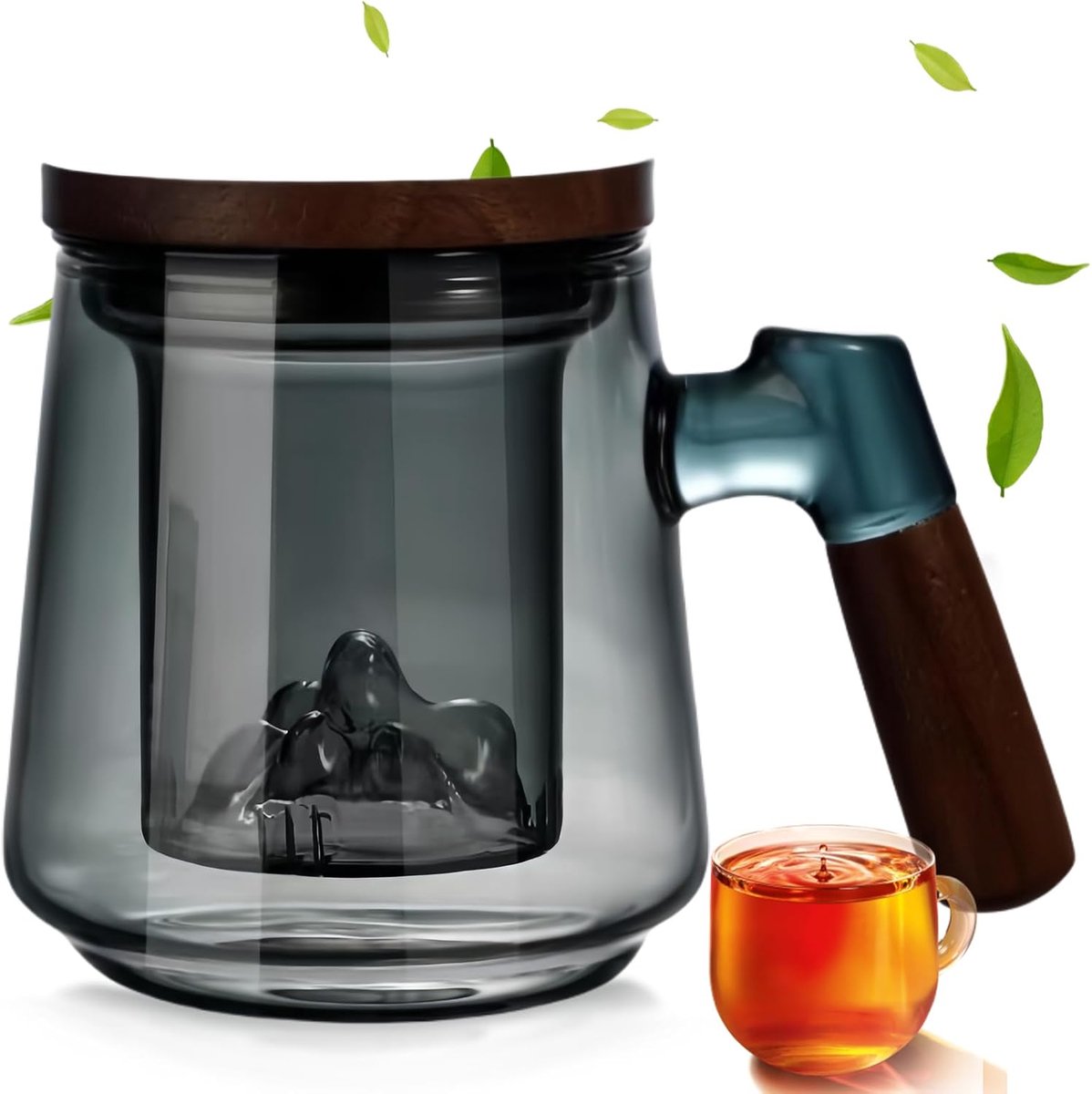 Theemok met deksel en zeef, theeglas met zeef, theepot glas, 500 ml theeglas voor losse bladthee, bloesemthee, theepot met zeef, grote mok voor theeliefhebbers, theebeker met houten handvat