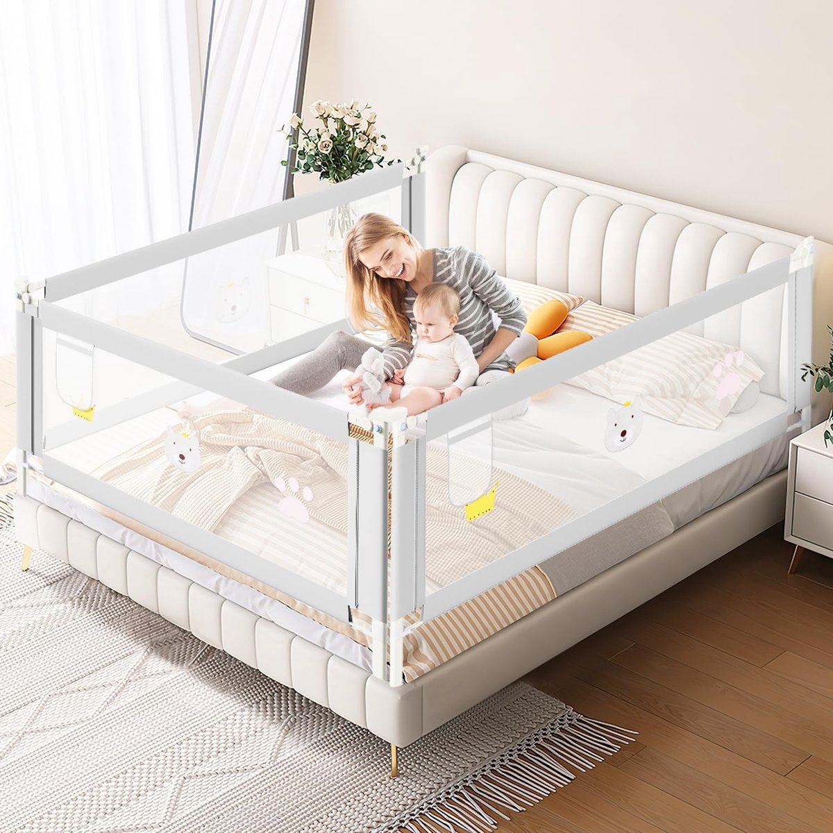 Bedhekje valbescherming 200 cm x 2 + 180 cm x 1 voor boxspringbed, voor kinderen en ouderbedden, in hoogte verstelbaar van 70 tot 98 cm, grijs