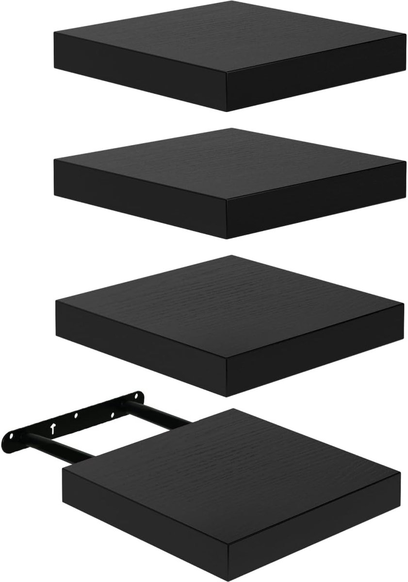Zwevende plank, set van 4, compact, 20 x 20 cm, wandplank van MDF voor badkamer, keuken, hal, zwart